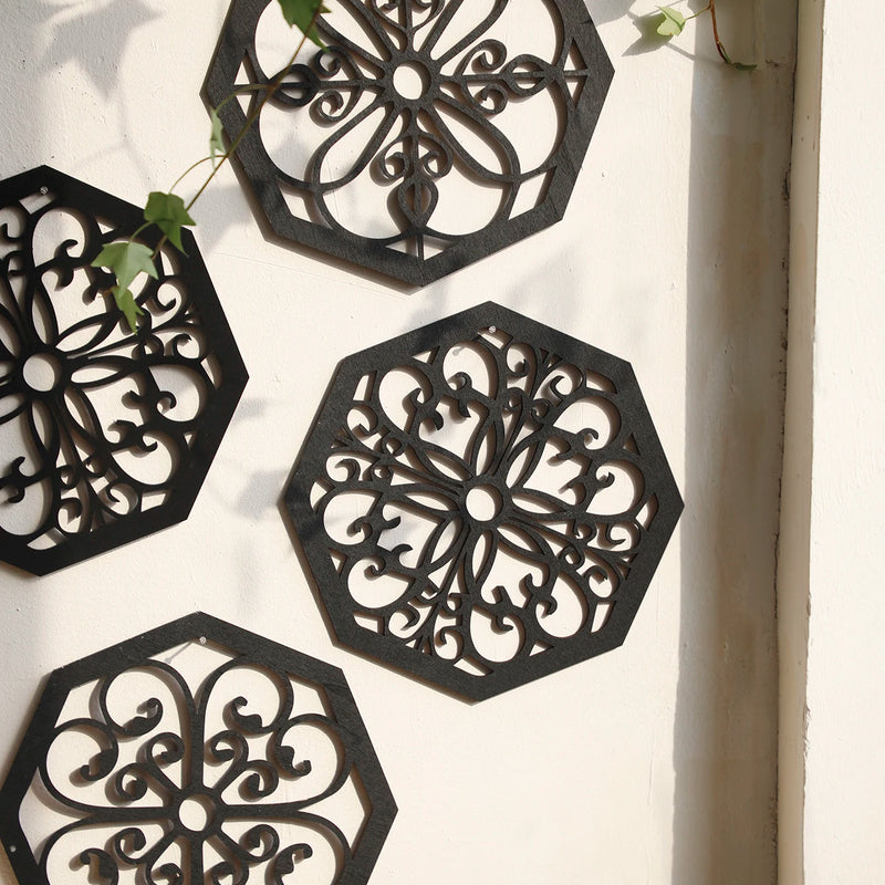 4 stuks zwarte houten holle wanddecoratie | Boho gesneden ontwerpen in zeshoekige en vierkante vormen