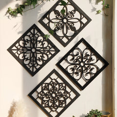 4 stuks zwarte houten holle wanddecoratie | Boho gesneden ontwerpen in zeshoekige en vierkante vormen