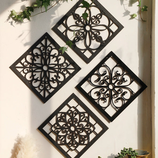 4 stuks zwarte houten holle wanddecoratie | Boho gesneden ontwerpen in zeshoekige en vierkante vormen