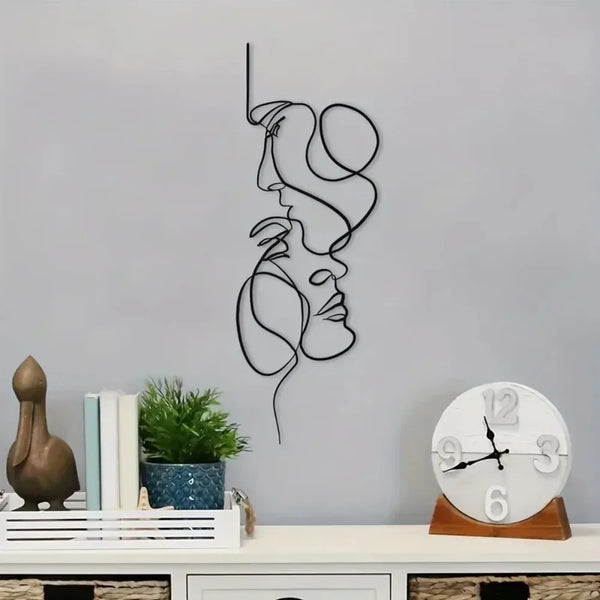 Minimalistic Metal Wall Art - Abstract Face Line Black Iron Sculpture for Modern Interiors - POUEV