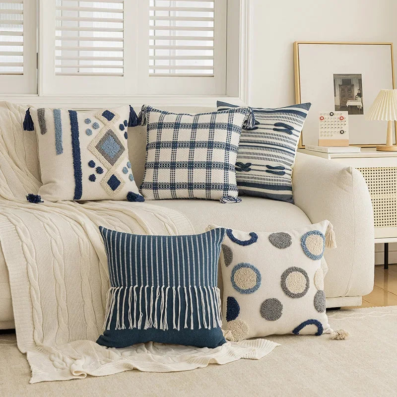 Nordic Blauwe Tufted Kussenhoes | Geometrisch Streep Design | Decoratie Sofa - POUEV