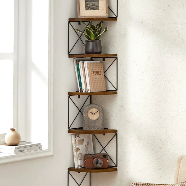 5-Level Zigzag Design Corner Shelf | Wall-Mounted Bookcase for Bedroom, Study, Living Room, Bathroom Storage - POUEV