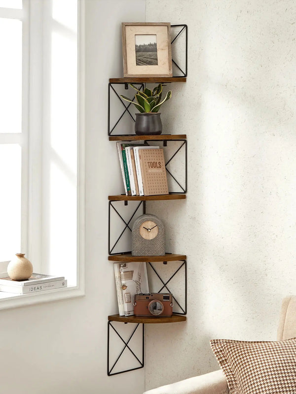 5-Level Zigzag Design Corner Shelf | Wall-Mounted Bookcase for Bedroom, Study, Living Room, Bathroom Storage - POUEV