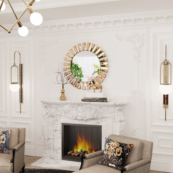 Sunburst Round Wall Mirror | Decorative Beveled Edge Accent Mirror for Living Room & Vanity - POUEV